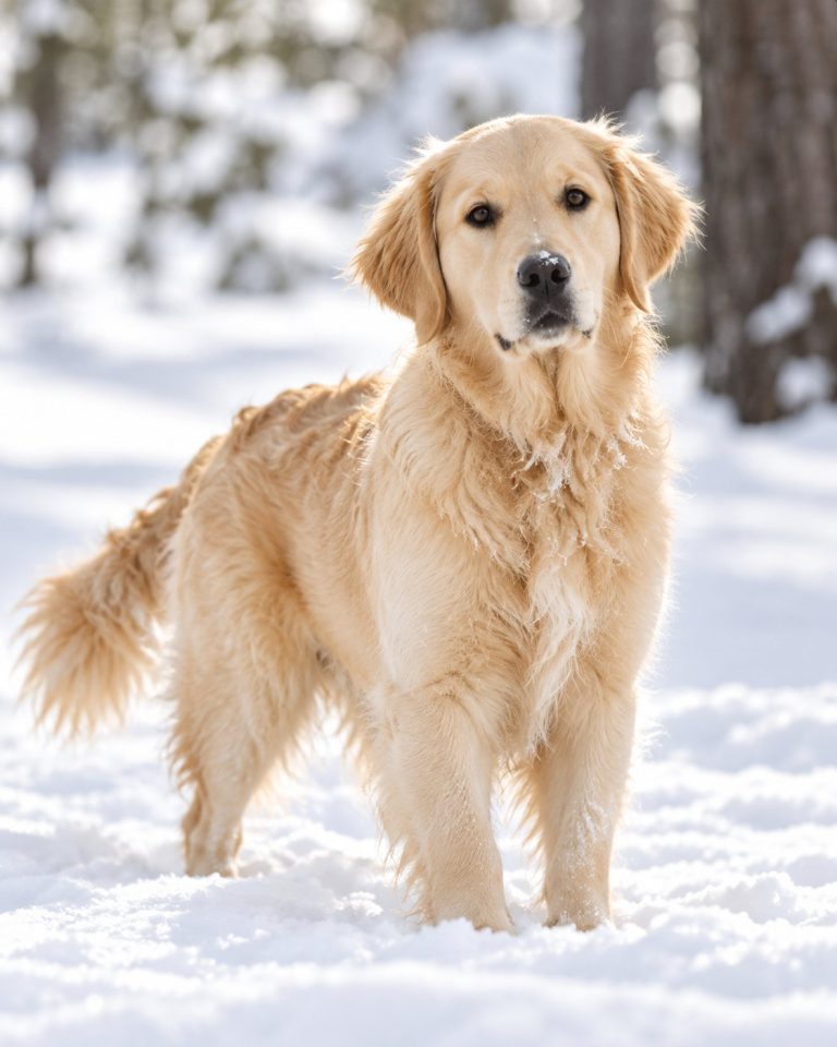 Golden Retriever in a snowy forest