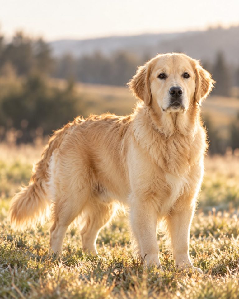 Golden Retriever standing in a sunny meadow