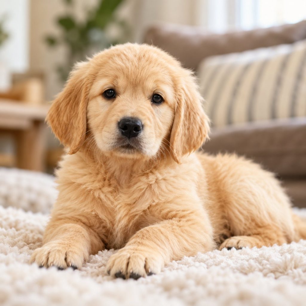 Golden Retriever puppy lying on a soft cream rug